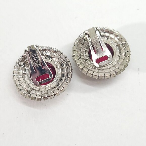 Hobé Ruby Red Rhinestone Clip Earrings Silver Tone Round Halo Art Deco Regency - Picture 3 of 9